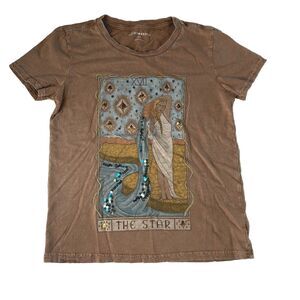 Lucky Brand women’s “the star” tarot card graphic Tee sun faded brown sequin XS